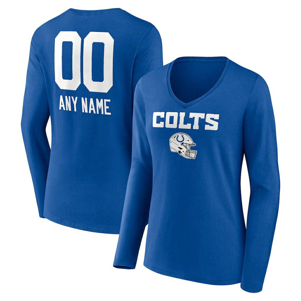 Indianapolis Colts Women's Personalized Name & Number Team Wordmark Long Sleeve V-Neck T-Shirt Royal | NFL
