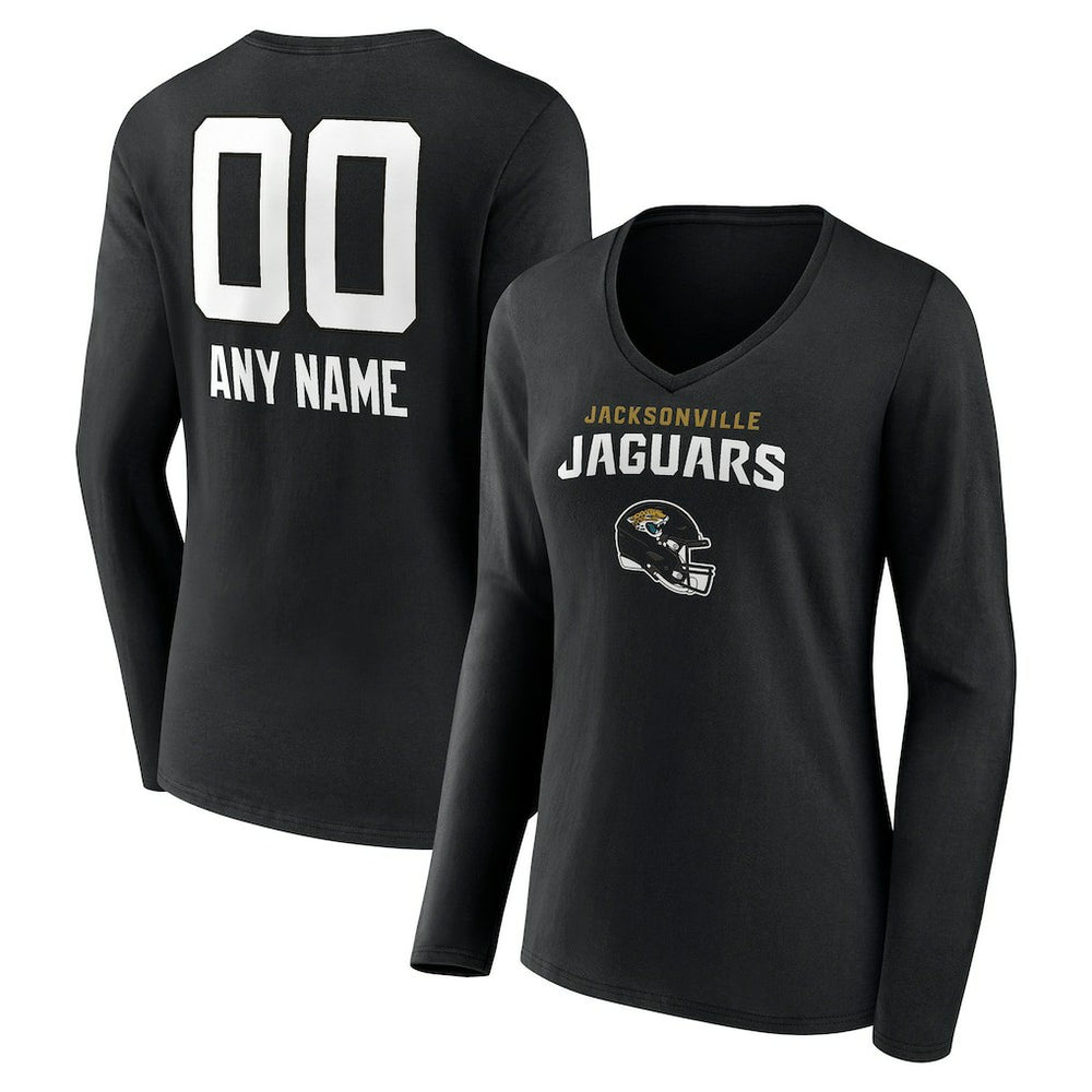 Jacksonville Jaguars Women's Personalized Name & Number Team Wordmark Long Sleeve V-Neck T-Shirt Black | NFL