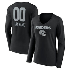 Las Vegas Raiders Women's Personalized Name & Number Team Wordmark Long Sleeve V-Neck T-Shirt Black | NFL