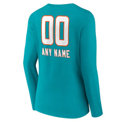 Miami Dolphins Women's Personalized Name & Number Team Wordmark Long Sleeve V-Neck T-Shirt Aqua | NFL