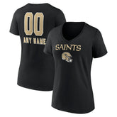 New Orleans Saints Women's Personalized Name & Number Team Wordmark V-Neck T-Shirt Black | NFL