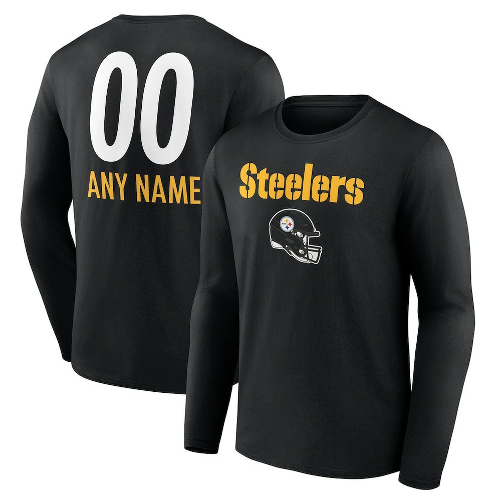Pittsburgh Steelers Personalized Name & Number Team Wordmark Long Sleeve T-Shirt Black | NFL