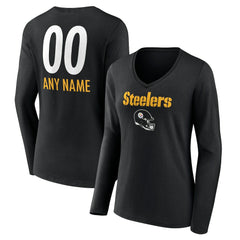 Pittsburgh Steelers Women's Personalized Name & Number Team Wordmark Long Sleeve V-Neck T-Shirt Black | NFL