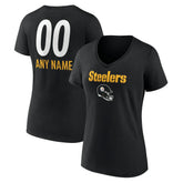 Pittsburgh Steelers Women's Personalized Name & Number Team Wordmark V-Neck T-Shirt Black | NFL