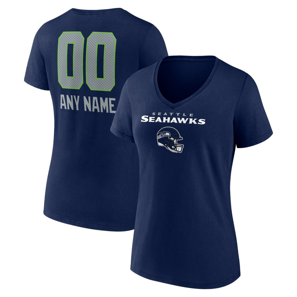 Seattle Seahawks Women's Personalized Name & Number Team Wordmark V-Neck T-Shirt College Navy | NFL