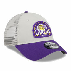 Los Angeles Lakers Throwback Patch Trucker 9FORTY Adjustable Hat Khaki/Purple - NBA
