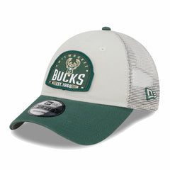 Milwaukee Bucks Throwback Patch Trucker 9FORTY Adjustable Hat Khaki/Hunter Green - NBA