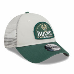 Milwaukee Bucks Throwback Patch Trucker 9FORTY Adjustable Hat Khaki/Hunter Green - NBA