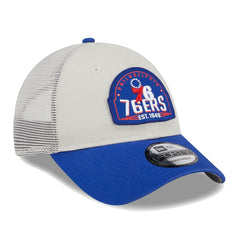 Philadelphia 76ers Throwback Patch Trucker 9FORTY Adjustable Hat Khaki/Royal - NBA