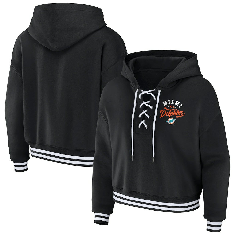 Miami Dolphins WEAR by Erin Andrews Women's Lace-Up Pullover Hoodie Black | NFL