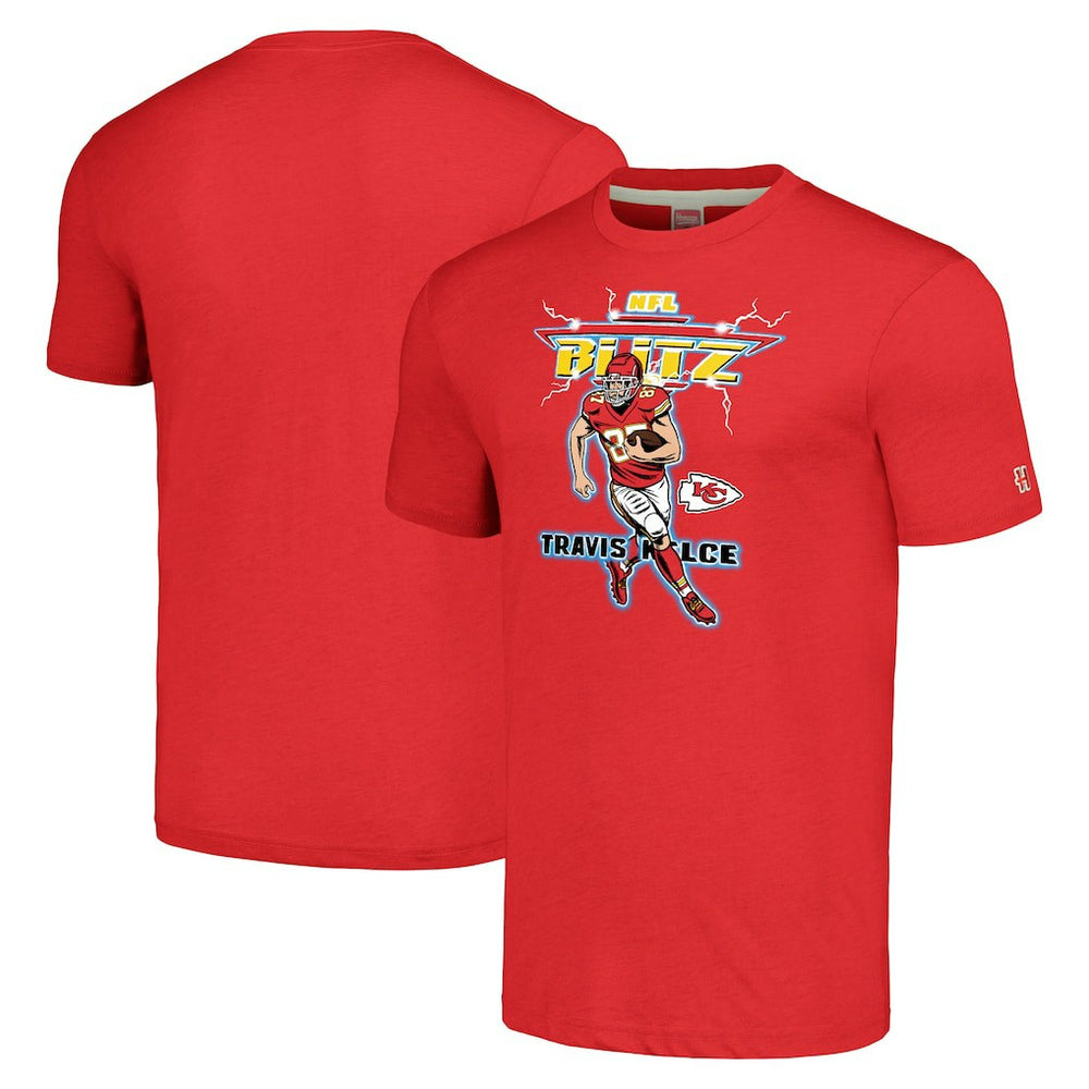 Travis Kelce Kansas City Chiefs Homage Unisex NFL Blitz Player Tri-Blend T-Shirt Heathered Red | NFL