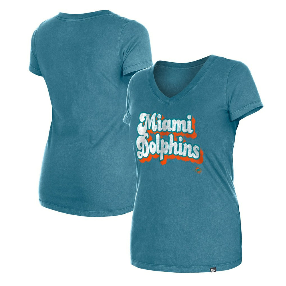 Miami Dolphins New Era Women's Enzyme Wash Low V-Neck T-Shirt Aqua | NFL