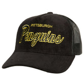 Pittsburgh Penguins Mitchell & Ness Times Up Classic Script Cord Trucker Adjustable Hat - Black - NHL