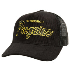 Pittsburgh Penguins Mitchell & Ness Times Up Classic Script Cord Trucker Adjustable Hat - Black - NHL