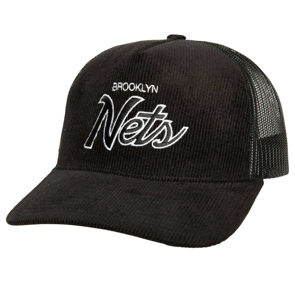 Brooklyn Nets Times Up Classic Script Cord Trucker Hat Black - NBA
