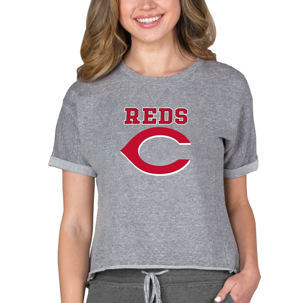Cincinnati Reds Concepts Sport Women's Tri-Blend Mainstream Terry Short Sleeve Sweatshirt Top - MLB