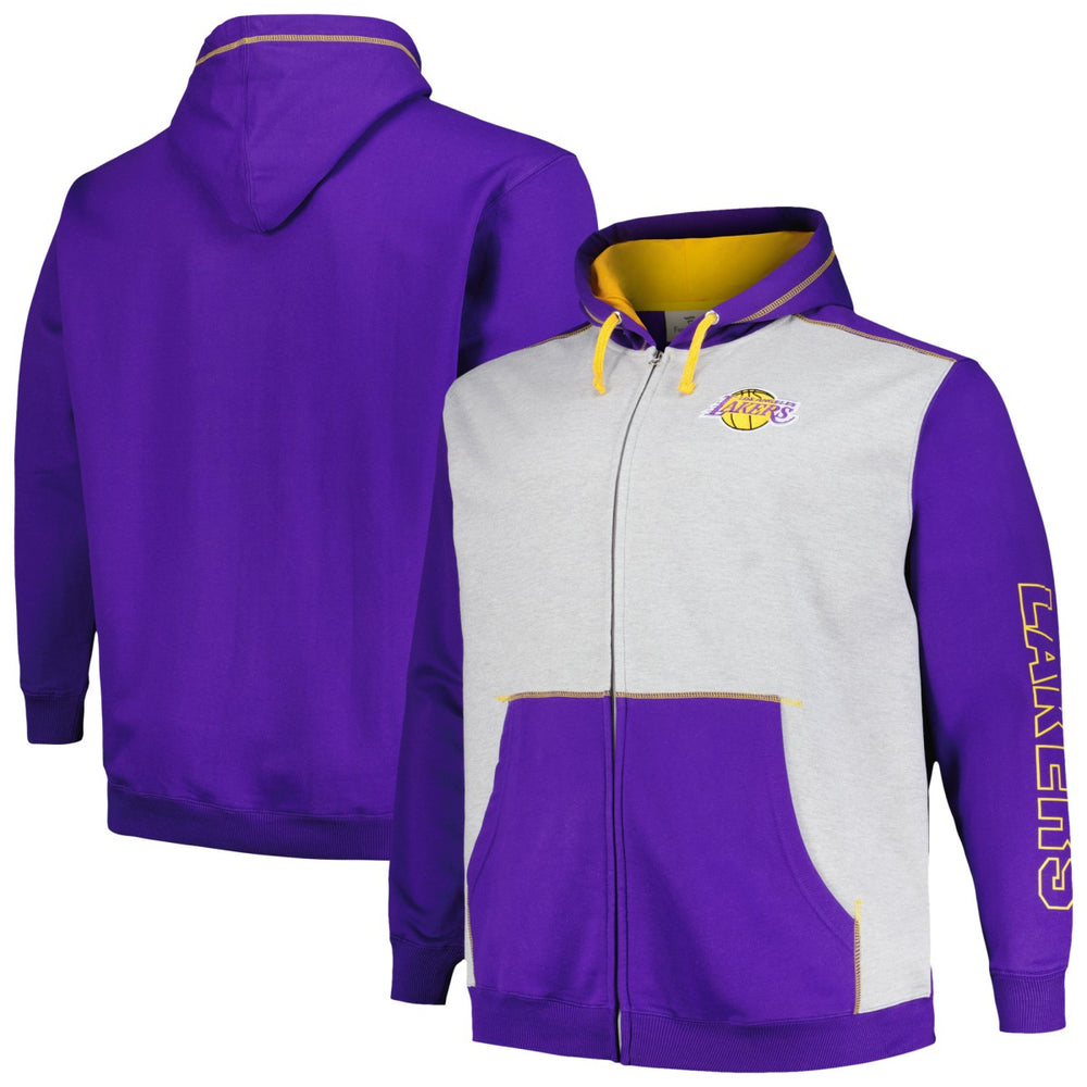 Los Angeles Lakers Big & Tall Contrast Pieced Stitched Full-Zip Hoodie Purple/Heather Gray - NBA
