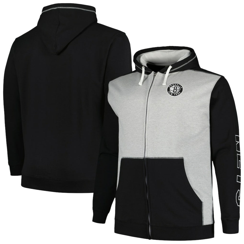 Brooklyn Nets Big & Tall Contrast Pieced Stitched Full-Zip Hoodie Black/Heather Gray - NBA