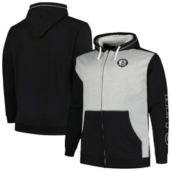 Brooklyn Nets Big & Tall Contrast Pieced Stitched Full-Zip Hoodie Black/Heather Gray - NBA