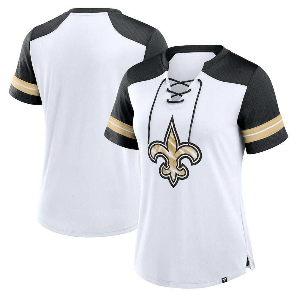 New Orleans Saints Women's Foiled Primary Lace-Up T-Shirt White/Black | Fanatics