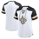 New Orleans Saints Women's Foiled Primary Lace-Up T-Shirt White/Black | Fanatics
