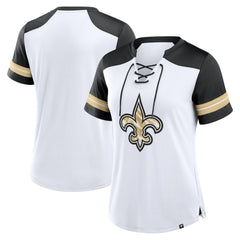 New Orleans Saints Women's Foiled Primary Lace-Up T-Shirt White/Black | Fanatics