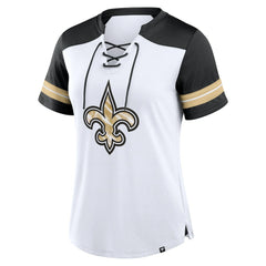 New Orleans Saints Women's Foiled Primary Lace-Up T-Shirt White/Black | Fanatics