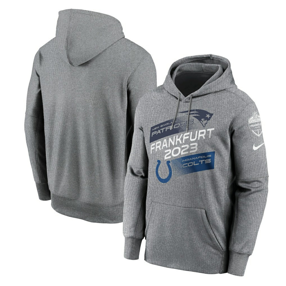 New England Patriots vs. Indianapolis Colts 2023 Frankfurt Game Pullover Hoodie Heather Charcoal | Nike for Sale