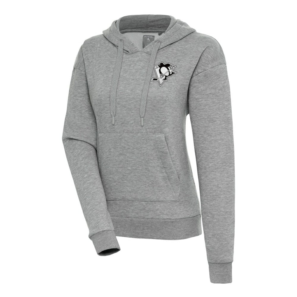 Pittsburgh Penguins Antigua Women's Metallic Logo Victory Pullover Hoodie - Heather Gray - NHL