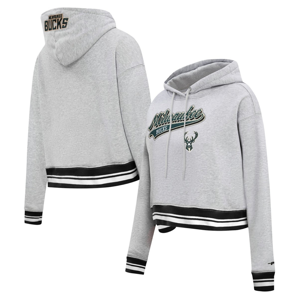 Milwaukee Bucks Pro Standard Women's Script Tail Cropped Pullover Hoodie Heather Gray - NBA