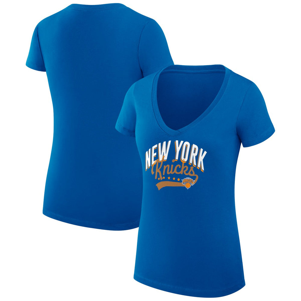 New York Knicks G-III 4Her by Carl Banks Women's Super-Slim Fit Lightweight Filigree Logo V-Neck T-Shirt Blue - NBA