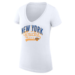 New York Knicks G-III 4Her by Carl Banks Women's Super-Slim Fit Lightweight Filigree Logo V-Neck T-Shirt - White - NBA