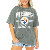 Pittsburgh Steelers Gameday Couture Women's Tackle Titan Boyfriend Washed T-Shirt Gray | NFL