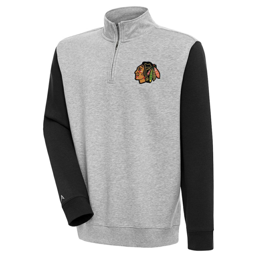 Chicago Blackhawks Antigua Victory Colorblock Quarter-Zip Pullover Top - Heather Gray/Black - NHL