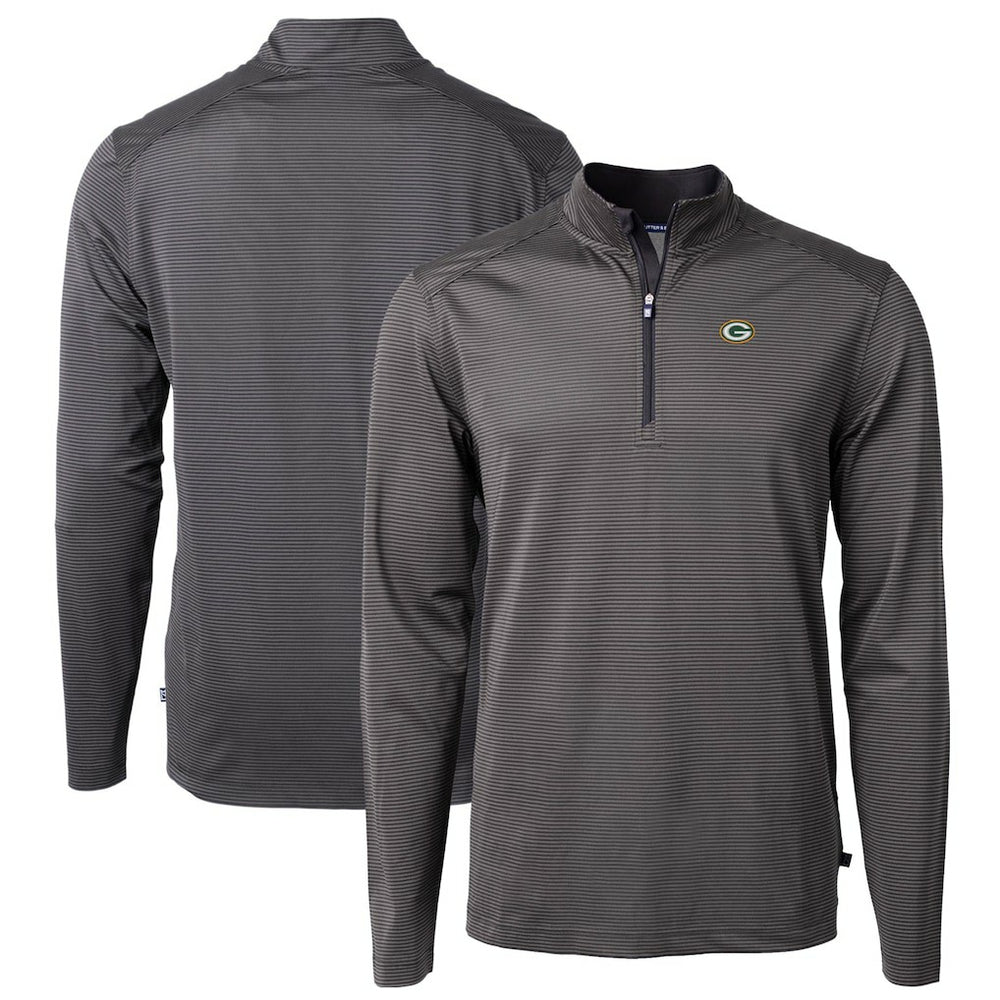 Green Bay Packers Cutter & Buck Virtue Eco Pique Micro Stripe Recycled Quarter-Zip Pullover Top Black/Gray | NFL