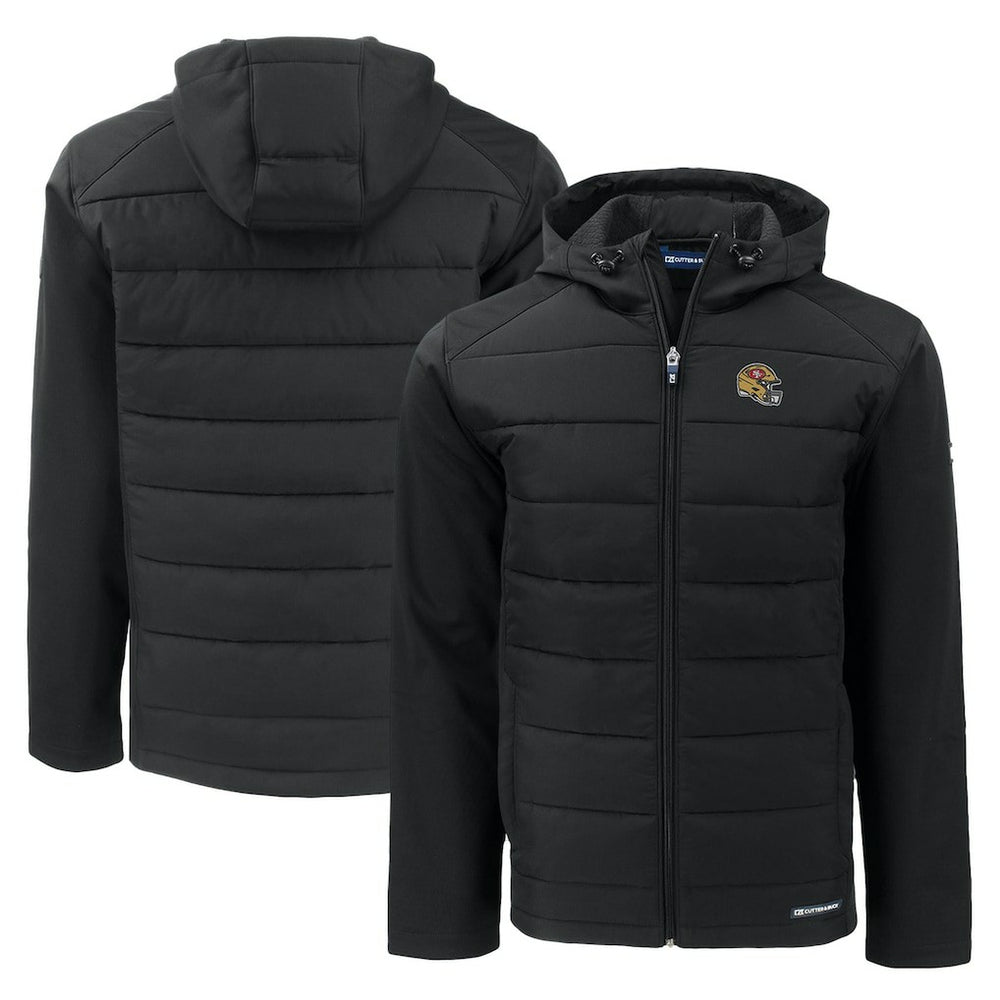 San Francisco 49ers Cutter & Buck Helmet Evoke Hybrid Eco Softshell Recycled Full-Zip Hoodie Jacket Black | NFL
