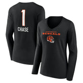Ja'Marr Chase Cincinnati Bengals Women's Team Wordmark Player Name & Number Long Sleeve V-Neck T-Shirt Black | NFL