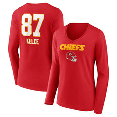 Travis Kelce Kansas City Chiefs Women's Team Wordmark Player Name & Number Long Sleeve V-Neck T-Shirt Red | NFL