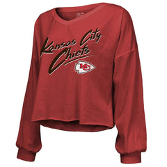Travis Kelce Kansas City Chiefs Majestic Threads Women's Name & Number Off-Shoulder Script Cropped Long Sleeve V-Neck T-Shirt Red | NFL