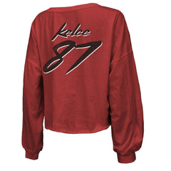 Travis Kelce Kansas City Chiefs Majestic Threads Women's Name & Number Off-Shoulder Script Cropped Long Sleeve V-Neck T-Shirt Red | NFL
