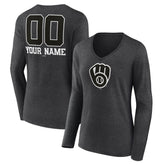 Milwaukee Brewers Women's Personalized Monochrome Name & Number Long Sleeve V-Neck T-Shirt - MLB