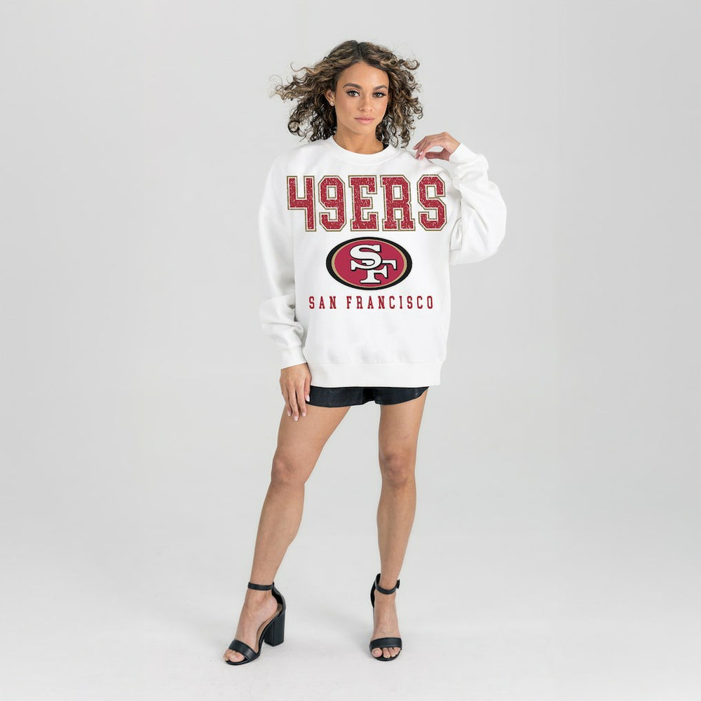 San Francisco 49ers Gameday Couture Women's Sunday Drives Oversized Crewneck Pullover Sweatshirt – White | NFL