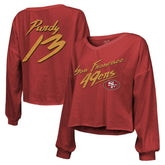 Brock Purdy San Francisco 49ers Majestic Threads Women's Name & Number Off-Shoulder Script Cropped Long Sleeve Relaxed V-Neck T-Shirt Scarlet | NFL