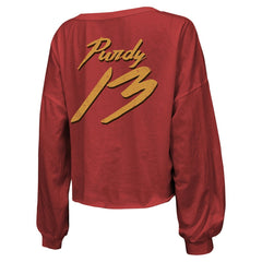 Brock Purdy San Francisco 49ers Majestic Threads Women's Name & Number Off-Shoulder Script Cropped Long Sleeve Relaxed V-Neck T-Shirt Scarlet | NFL