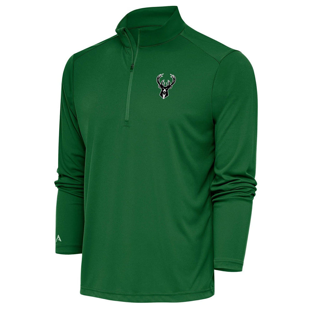 Milwaukee Bucks Antigua Metallic Logo Tribute Quarter-Zip Top Hunter Green - NBA