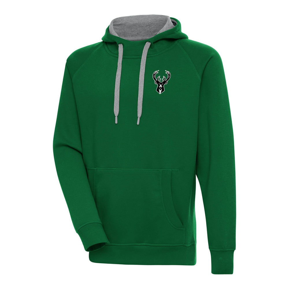 Milwaukee Bucks Antigua Metallic Logo Victory Raglan Pullover Hoodie Hunter Green - NBA