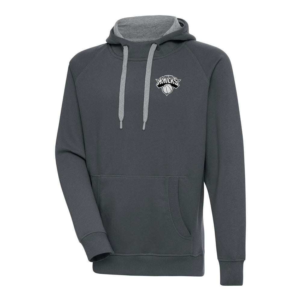 New York Knicks Antigua Metallic Logo Victory Raglan Pullover Hoodie Charcoal - NBA