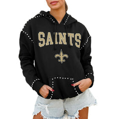 New Orleans Saints Gameday Couture Women's Oversized Catch the Vibe Studded Pullover Hoodie Black | NFL