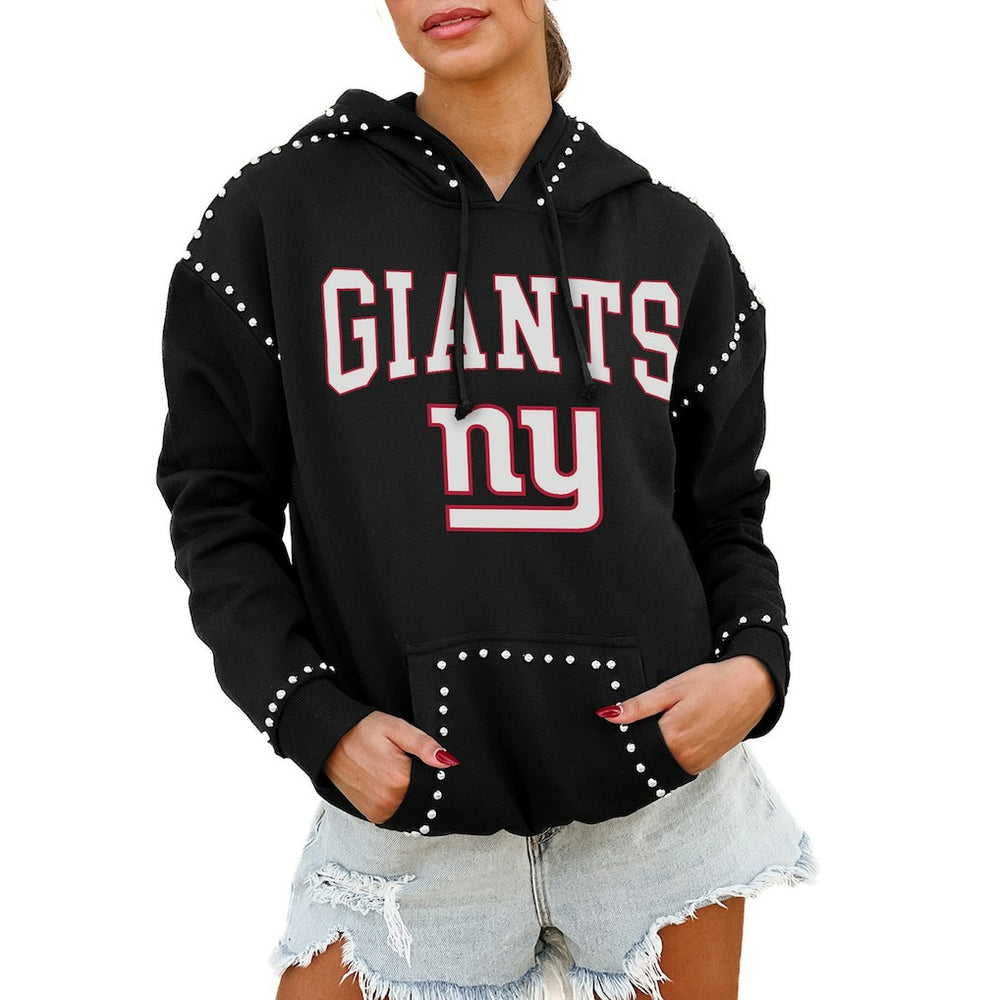 New York Giants Gameday Couture Women's Oversized Catch the Vibe Studded Pullover Hoodie Black | NFL