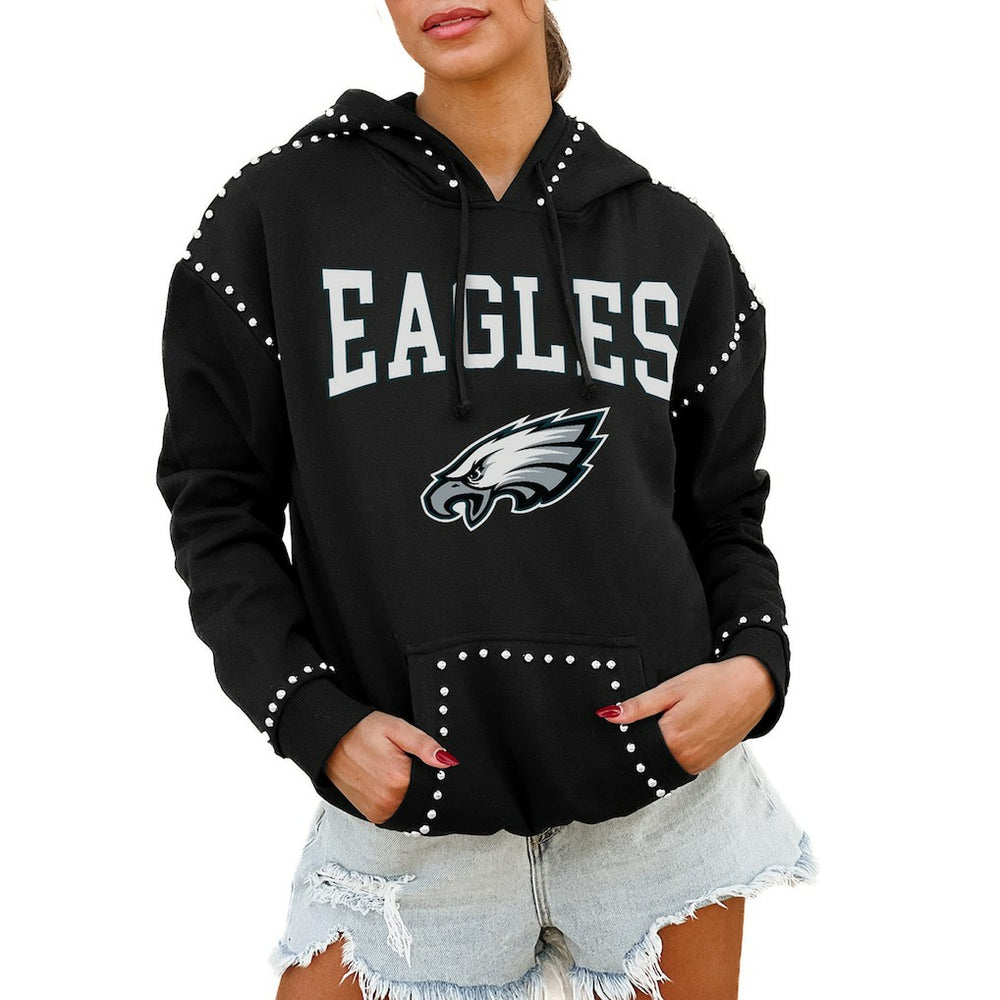 Philadelphia Eagles Gameday Couture Women's Oversized Catch the Vibe Studded Pullover Hoodie Black | NFL